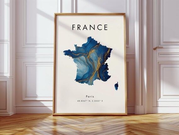 France Map Poster Blue And Gold Europe Wall Art Print Home Decor Geography Gift Wallpaper