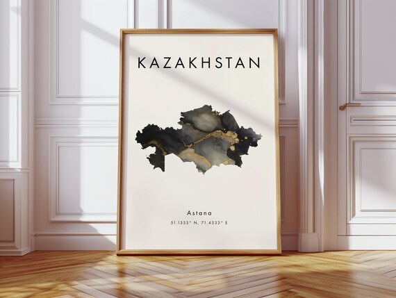 Kazakhstan Map Poster Black And Gold Asia Wall Art Print Home Decor Geography Gift Wallpaper