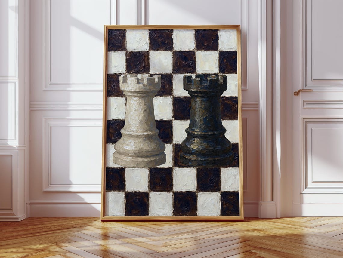 Chess Rooks Oil Painting Poster with Black and White Board Art