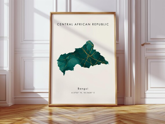 Central African Republic Map Poster Green And Gold Africa Geography Gift Wallpaper