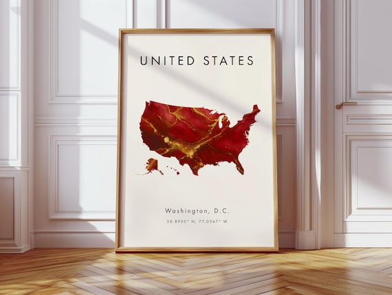 United States Map Poster Red And Gold North America Wall Art Print Home Decor Geography Gift Wallpaper