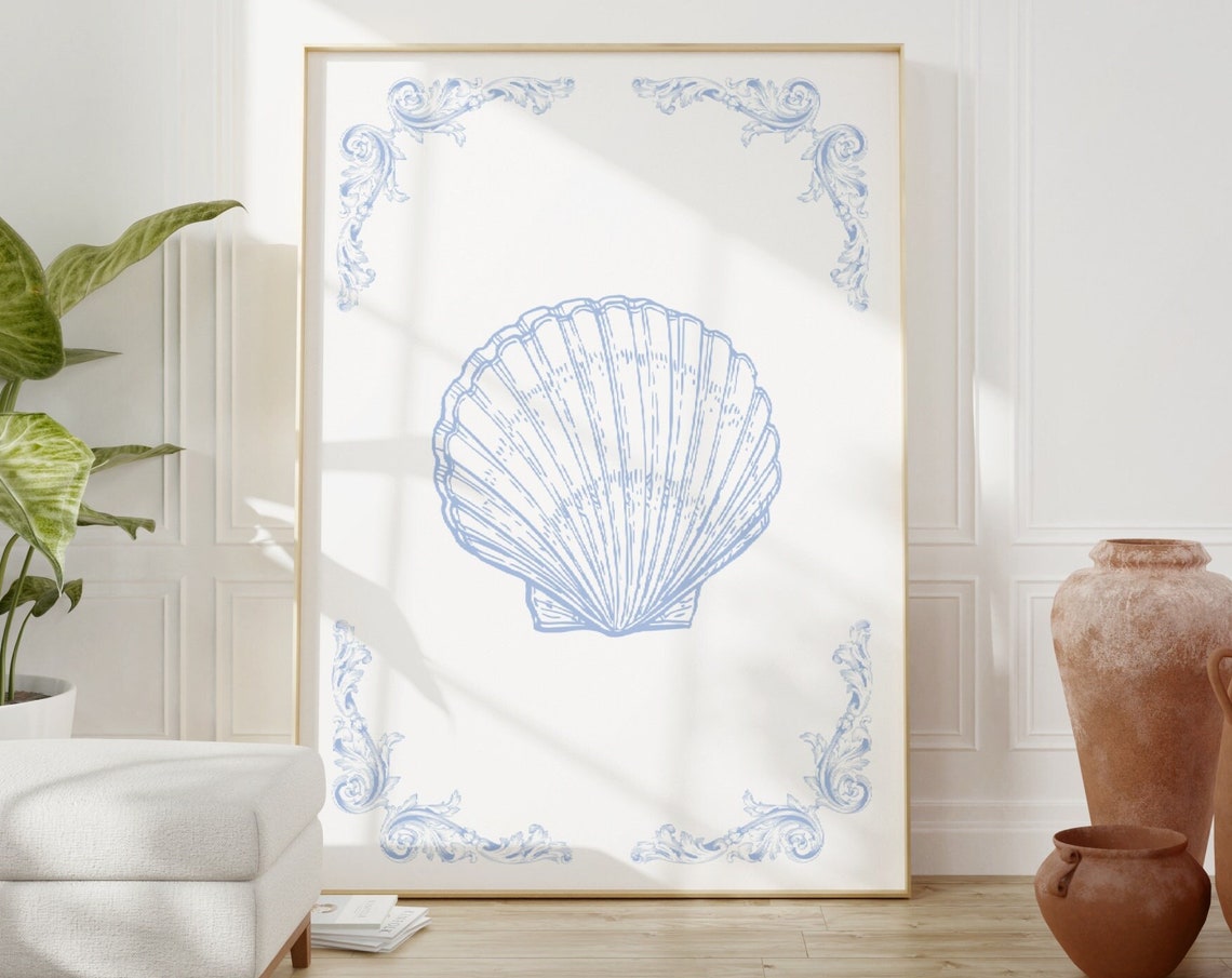 Blue Scallop Shell Vintage Coastal Line Art Elegant Decor Poster
