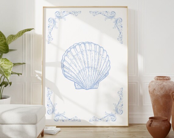 Blue Scallop Shell Vintage Coastal Line Art Elegant Decor Poster