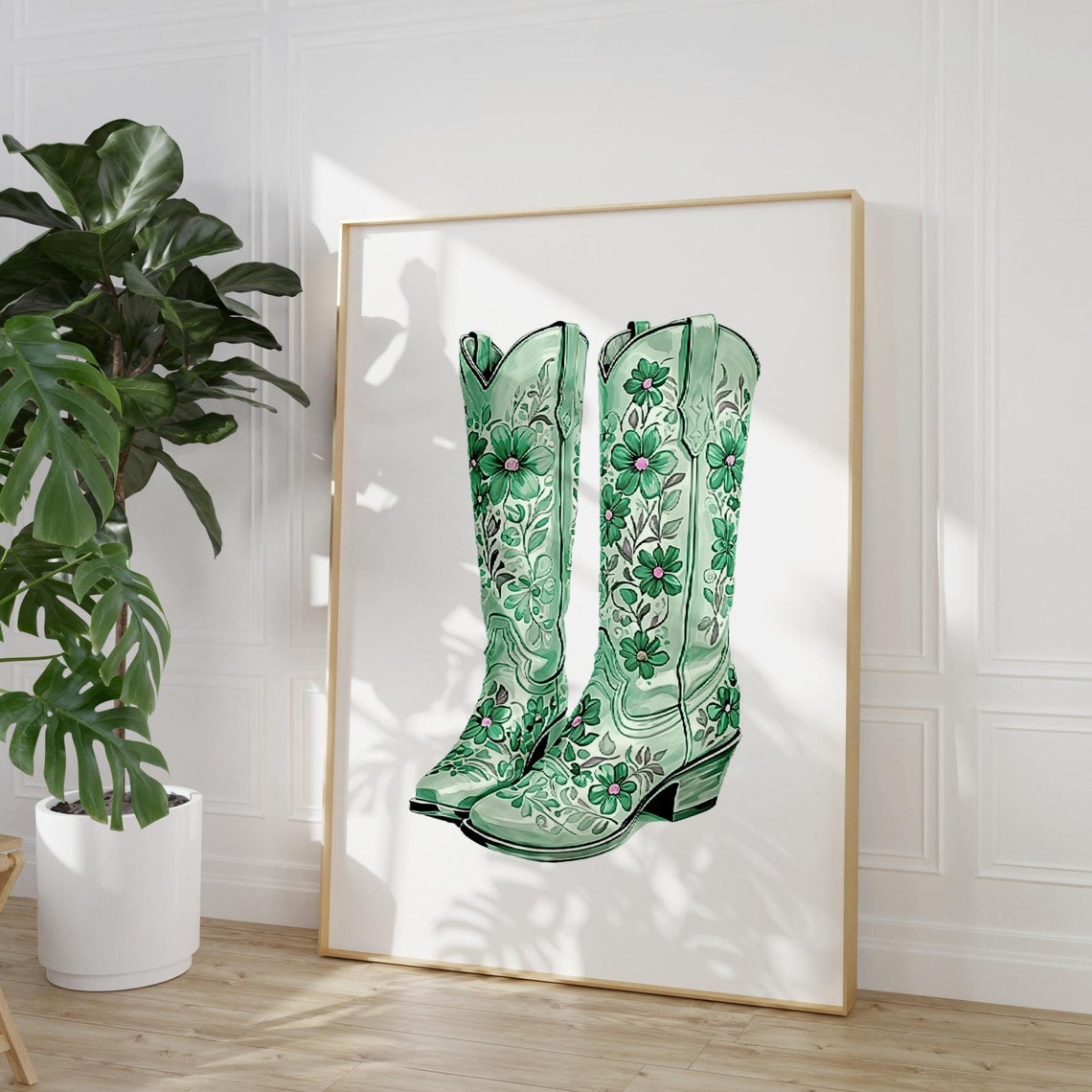 Green Cowboy Boots Print Green Coastal Cowgirl Boot Orint Granddaughter Print Preppy Chinoiserie Nursery Art Dorm Room Poster - Image 3
