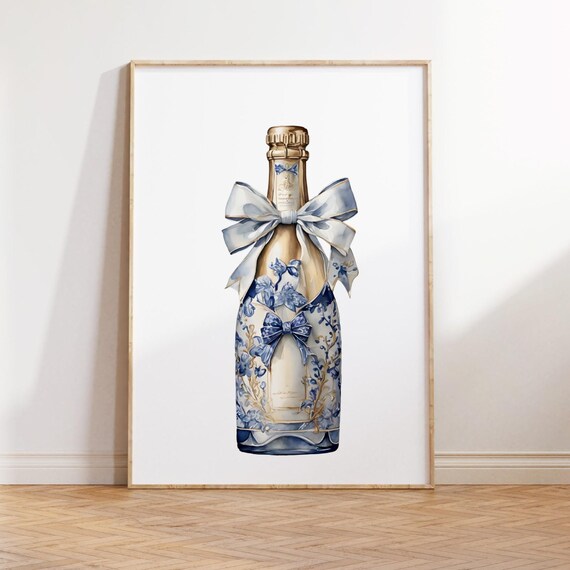Champagne Bottle Blue Bow Chinoiserie Bar Cart Art Poster Bold Wall Decor