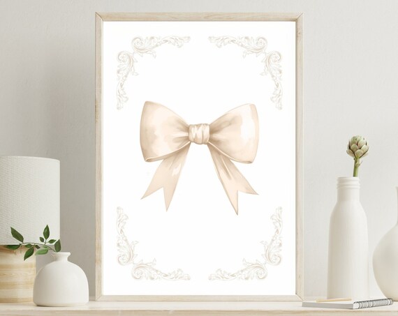 Beige Satin Bow Vintage Watercolor Corner Flourish Poster Retro Room Decor