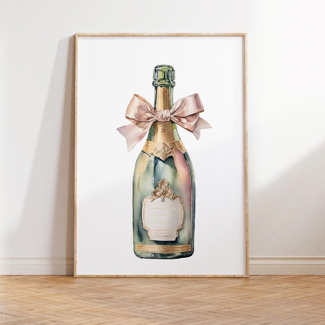 Pink Champagne Bottle Blush Bow Watercolor Bar Cart Poster Art