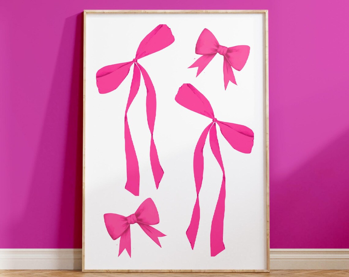 Hot Pink Ribbon Bow Cluster Coquette Watercolor Aesthetic Poster - Image 3