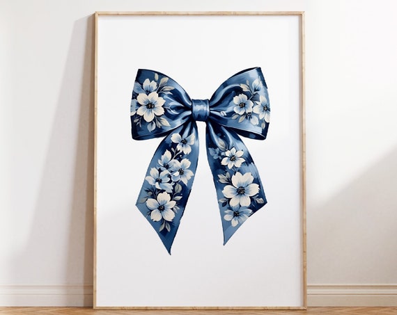 Blue Bow Print Floral Chinoiserie Nursery Print Coquette Room Decor Grandmillenial Wall Art Coastal Grandma Painting Teen Girl Poster