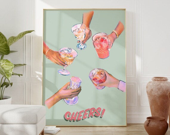Cheers Cocktail Party Retro Poster Sage Green Funky Bar Cart Decor