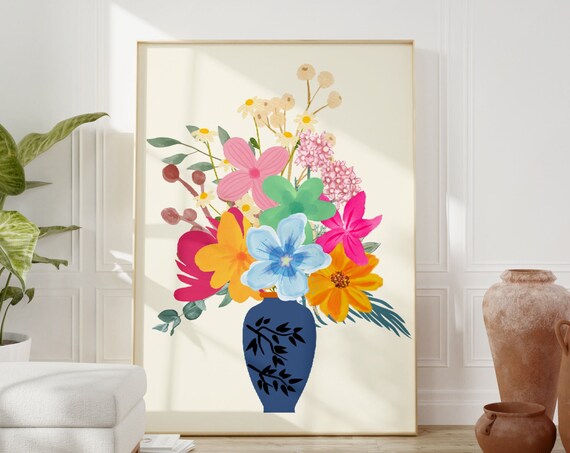Bouquet Of Flowers Print Flower Market Print Dopamine Decor Trendy Girly Wall Art Retro Poster Matisse Style Poster Vase Illustration