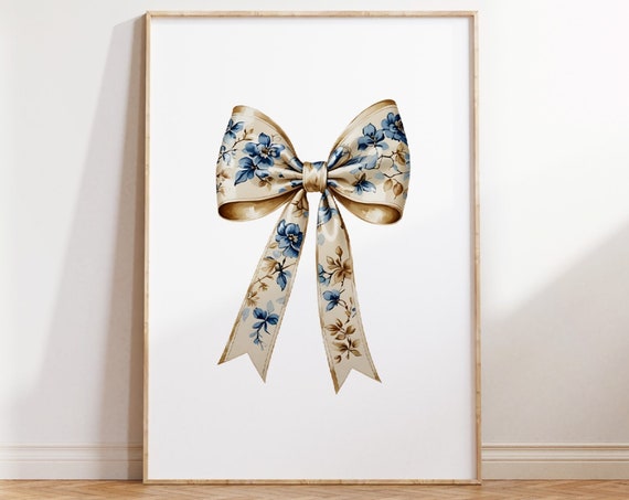 Beige Bow Print Blue Chinoiserie Nursery Print Coquette Room Decor Grandmillenial Wall Art Coastal Grandma Painting Preppy Girly Poster