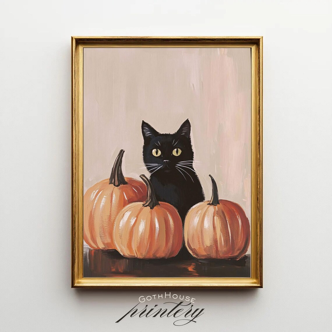 Black Cat In Pumpkins Wall Art Gothic Halloween Autumn Floral Print Spooky Fall Botanical Home Decor