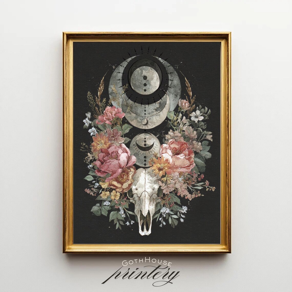 Moon Phase Skull Wall Art Botanical Lunar Print Boho Witchy Decor Celestial Wicca Mystical Dark Academia