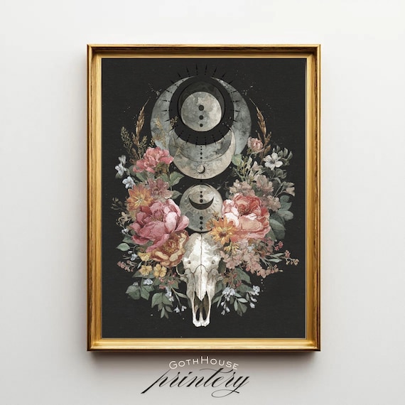 Moon Phase Skull Wall Art Botanical Lunar Print Boho Witchy Decor Celestial Wicca Mystical Dark Academia