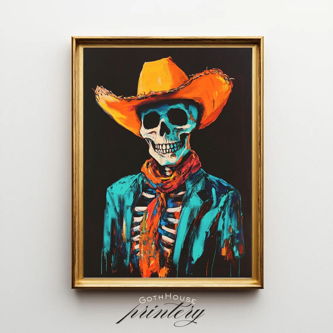 Neon Skeleton Cowboy Skull Gothic Western Art Poster in Bold Color