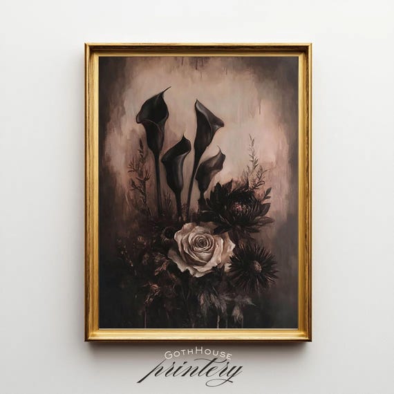 Dark Floral Wall Art Black Flower Print Moody Botanical Artwork Gothic Vintage Bouquet Victorian Goth Decor
