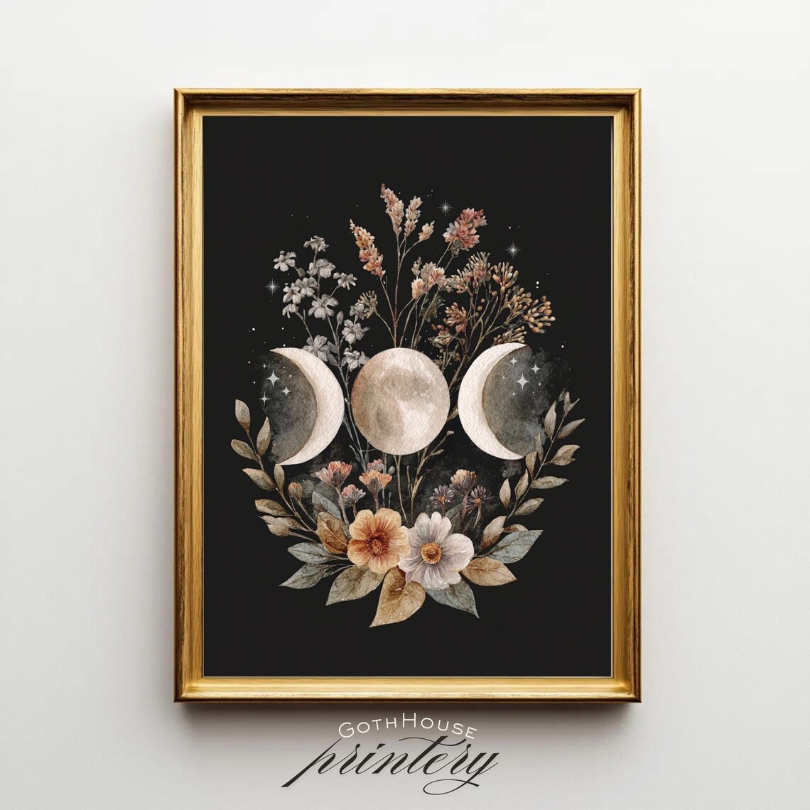 Triple Moon Goddess Wall Art Botanical Lunar Phase Gothic Watercolor Print Boho Witchy Decor Dark Academia