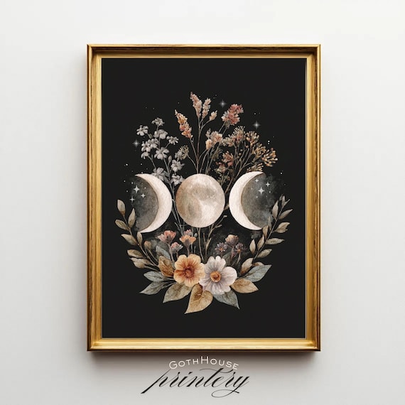 Triple Moon Goddess Wall Art Botanical Lunar Phase Gothic Watercolor Print Boho Witchy Decor Dark Academia