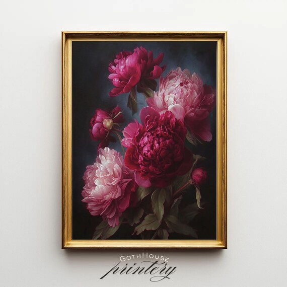 Moody Floral Peony Oil Painting Art Print, Gothic
