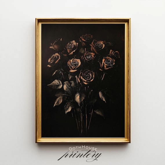 Dark Flower Painting Gothic Floral Wall Art Rustic Roses Print Moody Botanical Witchy Decor Academia