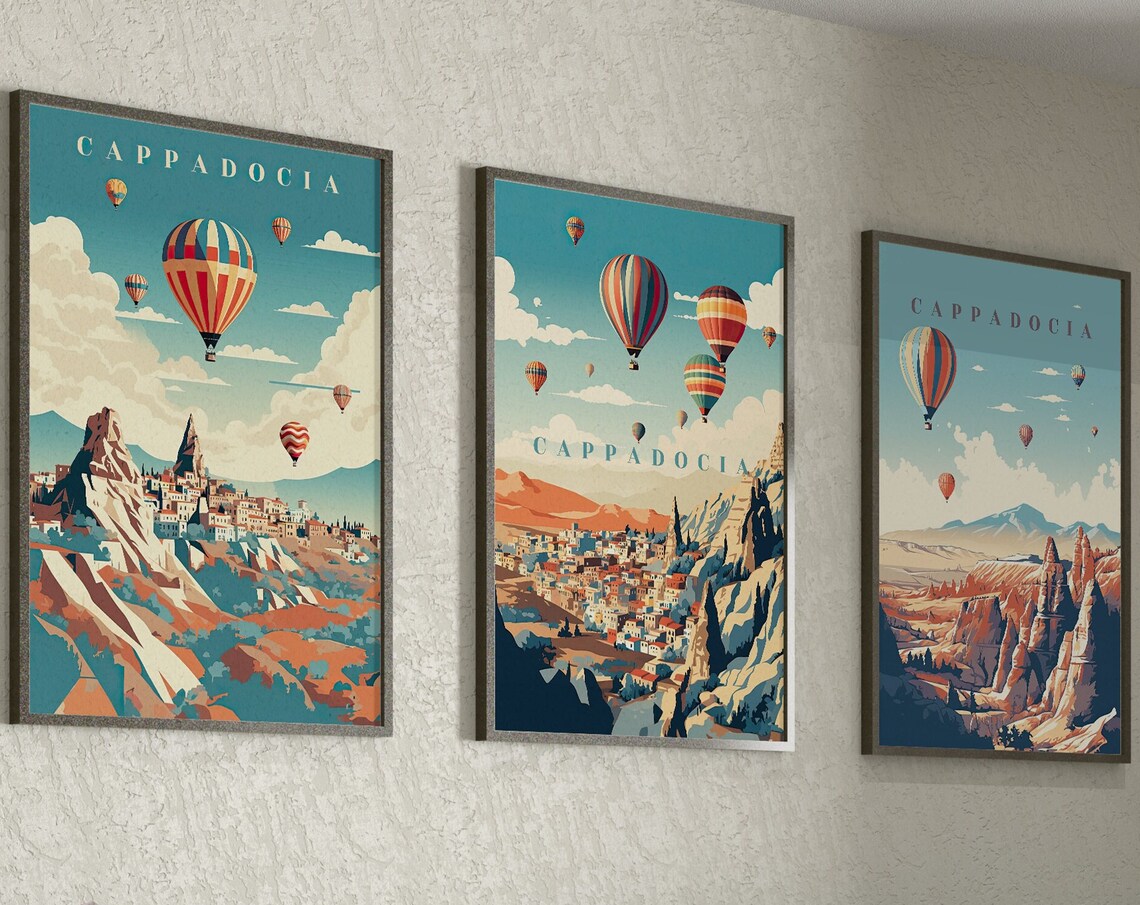 Cappadocia Turkey Hot Air Balloon Set of 3 Retro Travel Poster