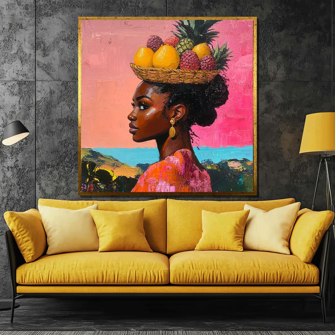Vibrant Caribbean Woman With Tropical Fruit Basket Pink Art Poster