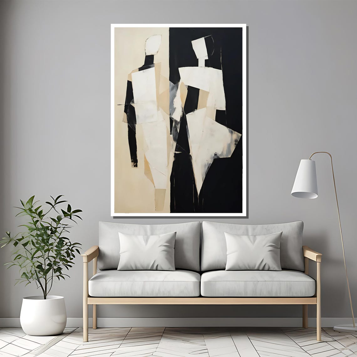 Contemporary Black And White Abstract Figures Painting Minimalist Art Gift For Modern Home Decor With Bold Geometric Style - Image 2