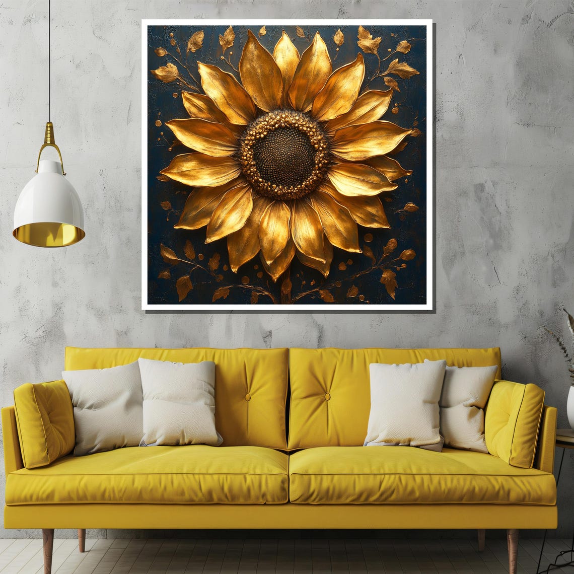 Golden 3D Sunflower On Deep Blue Luxurious Large Floral Poster - Image 2