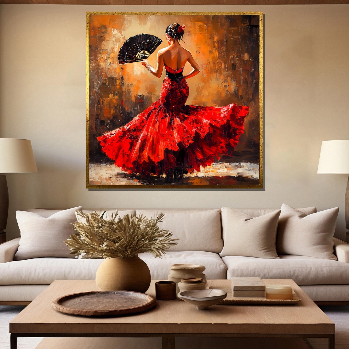 Fiery Flamenco Dancer in Red Dress With Black Fan Painting Poster - Image 5