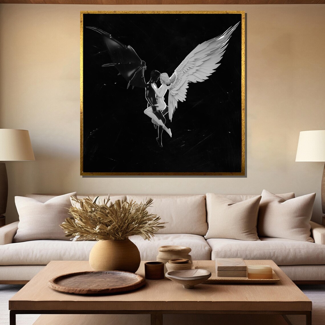Angel and Demon Embrace, Black and White Art Print - Image 5