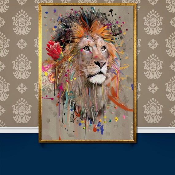 Vibrant Splash Paint Lion Portrait On Neutral Gray Backdrop Poster
