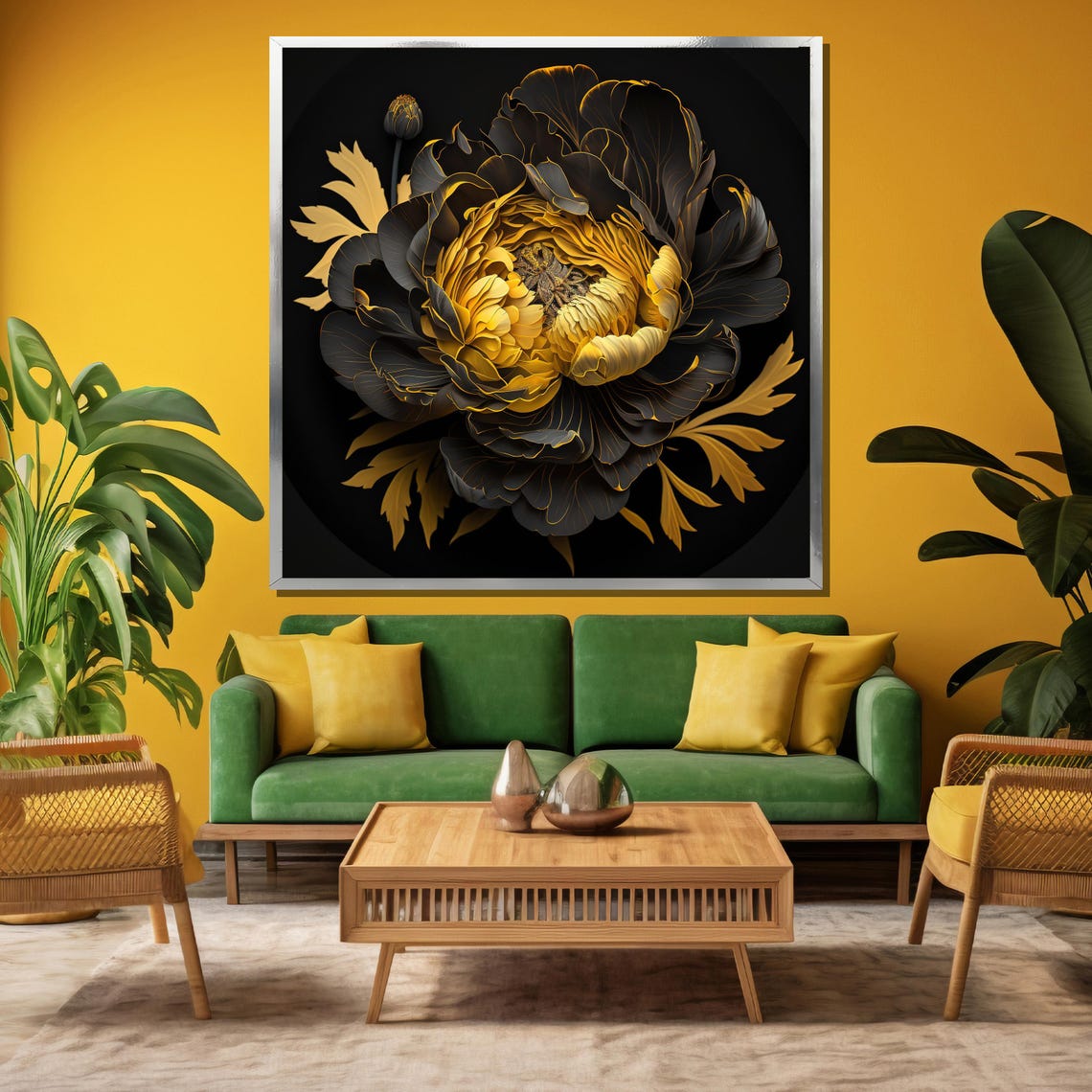 Black and Gold Peony Bloom on a Dramatic Dark Background Poster - Image 3
