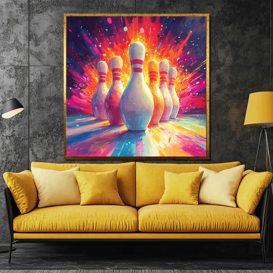 Explosive Pop Art Bowling Pins in a Colorful Strike Party Poster