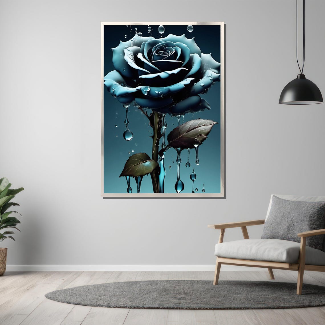 Surreal Dark Blue Rose With Dripping Water Droplets Art Poster - Image 3