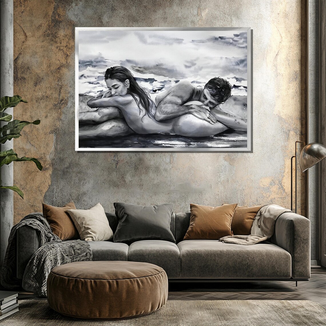 Black And White Couple Resting By The Ocean Shore Watercolor Poster - Image 3