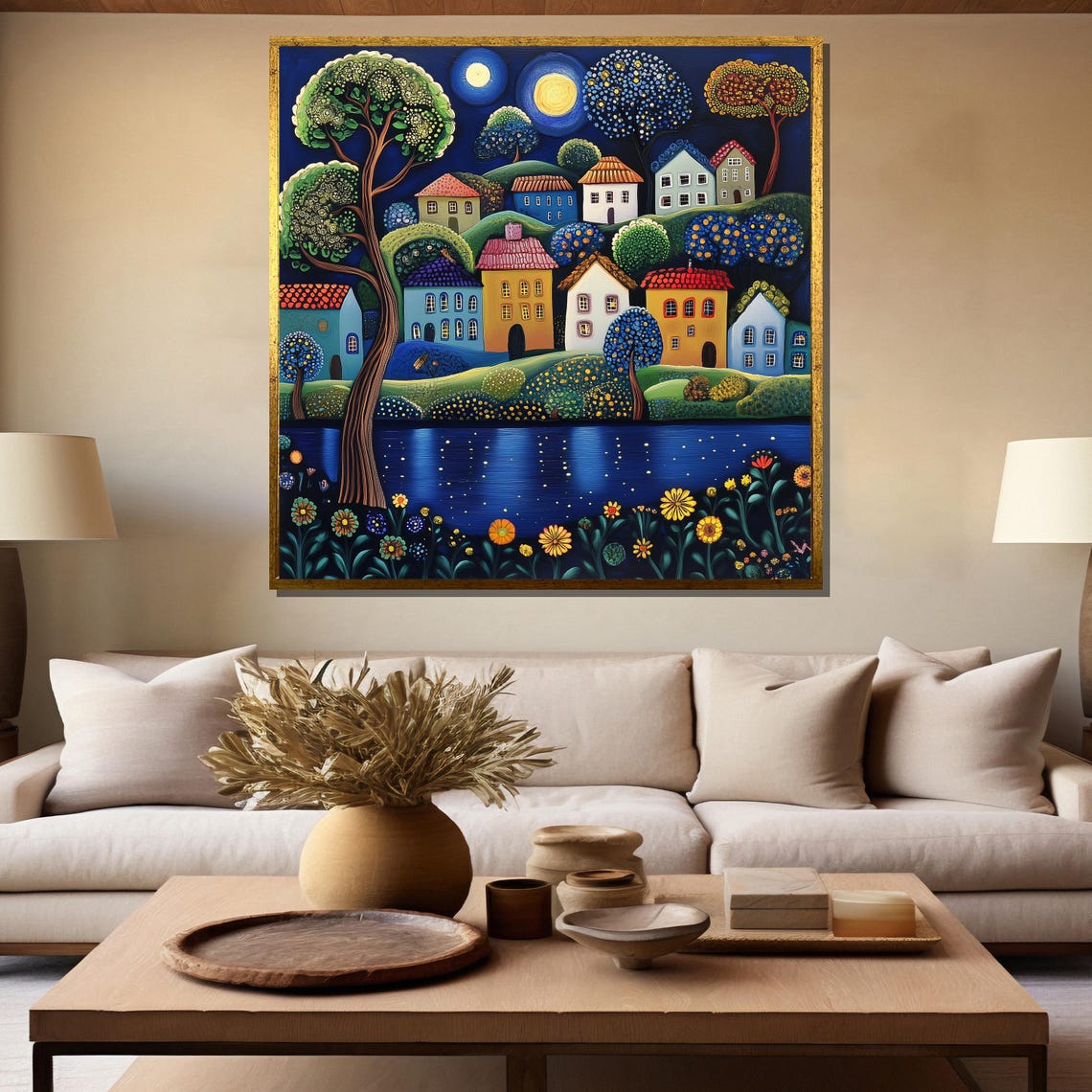 Moonlit Fairytale Village by the Lake in Folk Art Style Poster