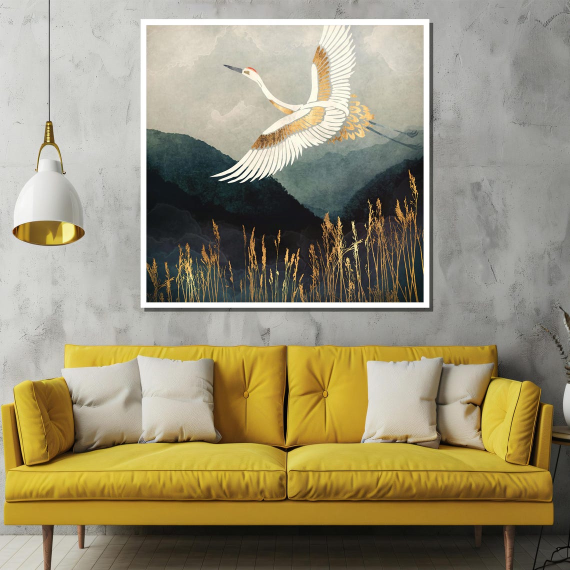 Elegant White And Gold Crane Soaring Over Misty Mountain Peaks Poster - Image 2