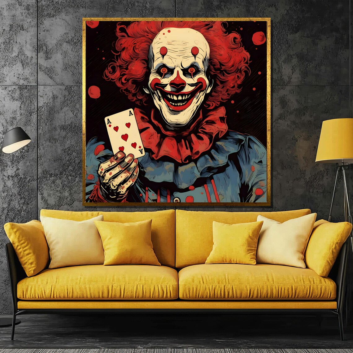 Sinister Clown Holding Ace Of Hearts Card Dark Horror Poster