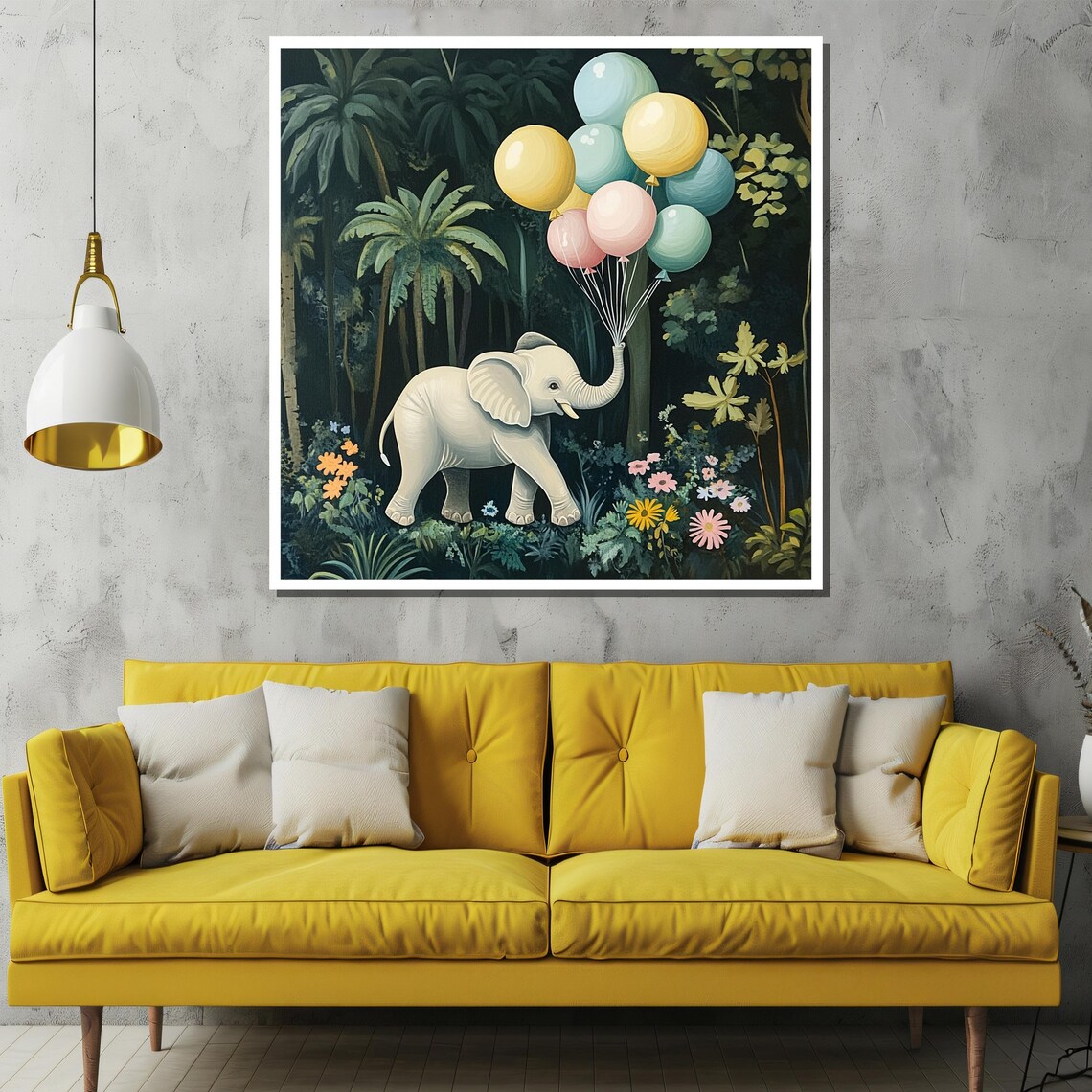 Adorable Baby Elephant Holding Pastel Balloons in Jungle Poster - Image 2