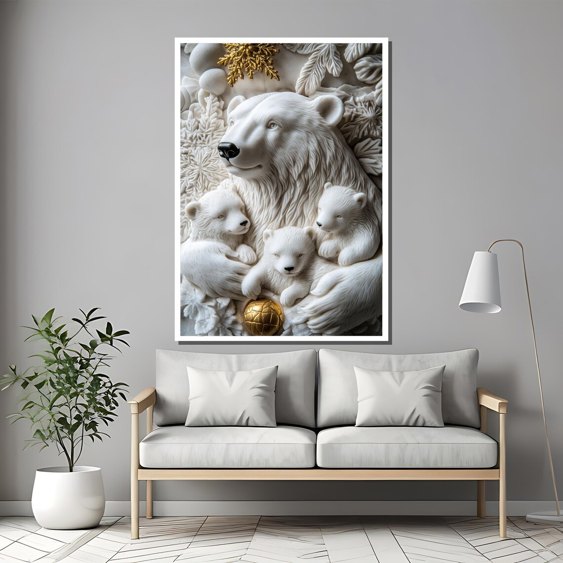 White Polar Bear Family With Gold Accents Sculptural Art Poster - Image 2