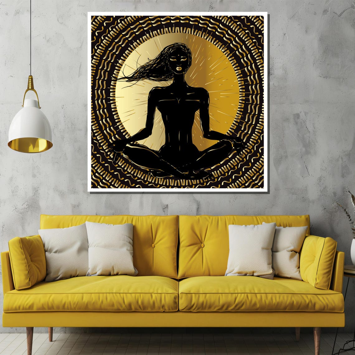 Meditating Woman Silhouette in Black and Gold Mandala Poster - Image 2
