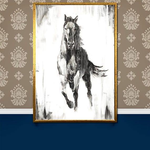 Black And White Horse Painting Stunning Minimalist Equine Art Gift Bold Wall Decor For Horse Lovers Modern Home Accent