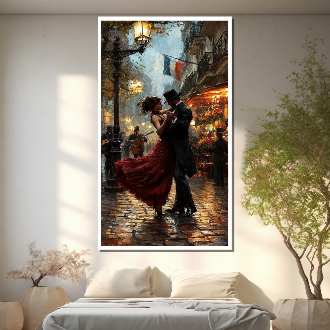 Couple Dancing On Rainy Paris Street French Flag Night Art Poster - Image 2