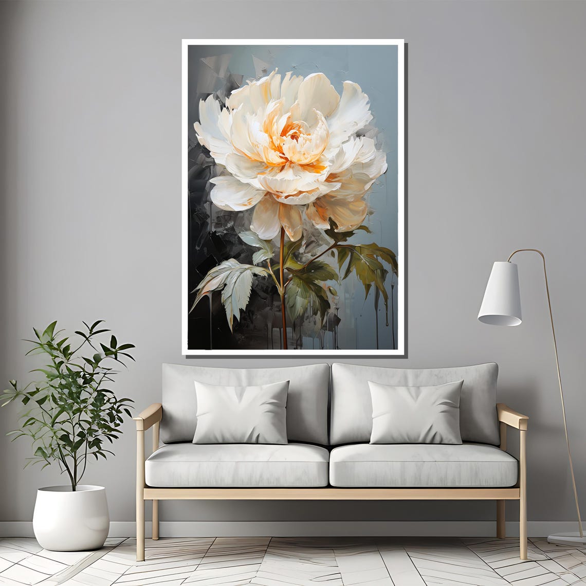 White Peony with Peach Center on a Dark Drip Background Poster - Image 2