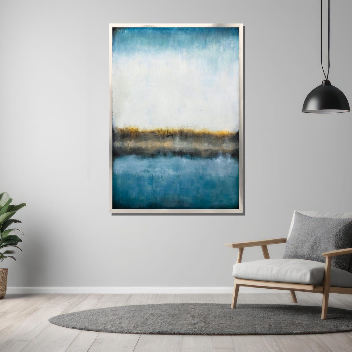 Blue and Gold Abstract Horizon Painting Serene Coastal Style Poster - Image 3