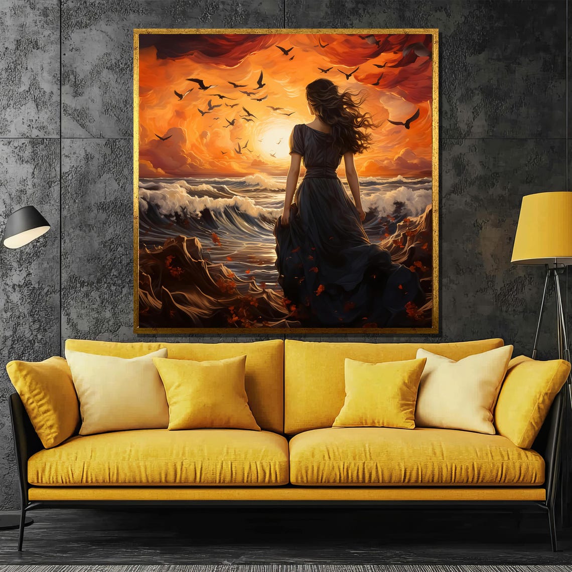 Woman Before Sunset Ocean Waves Seabirds Drama Painting Poster