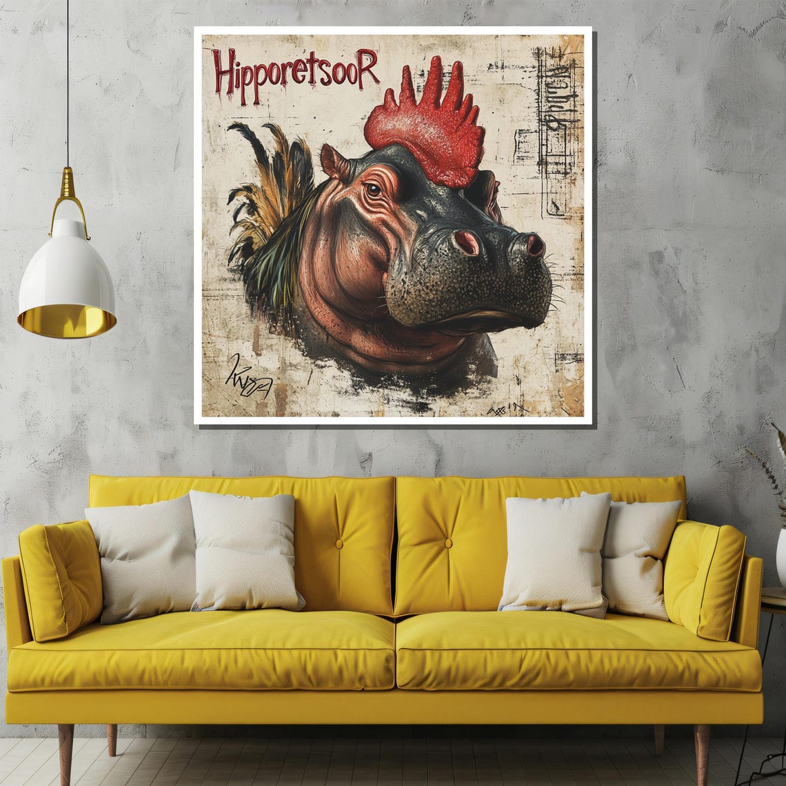 HipporetsooR Whimsical Hippo Rooster Hybrid Vintage Fantasy Poster - Image 2