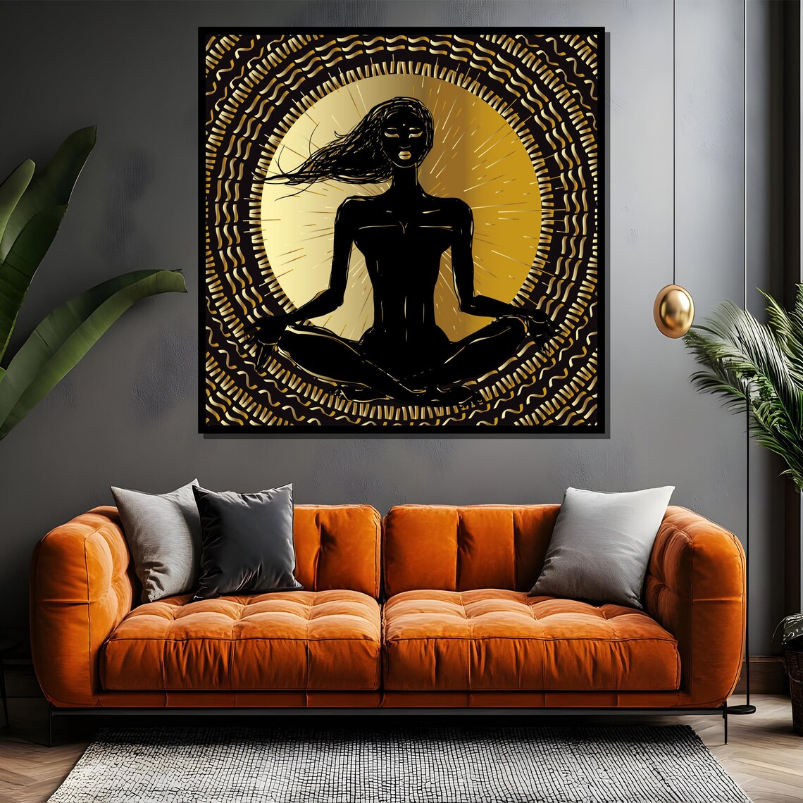 Meditating Woman Silhouette in Black and Gold Mandala Poster - Image 4