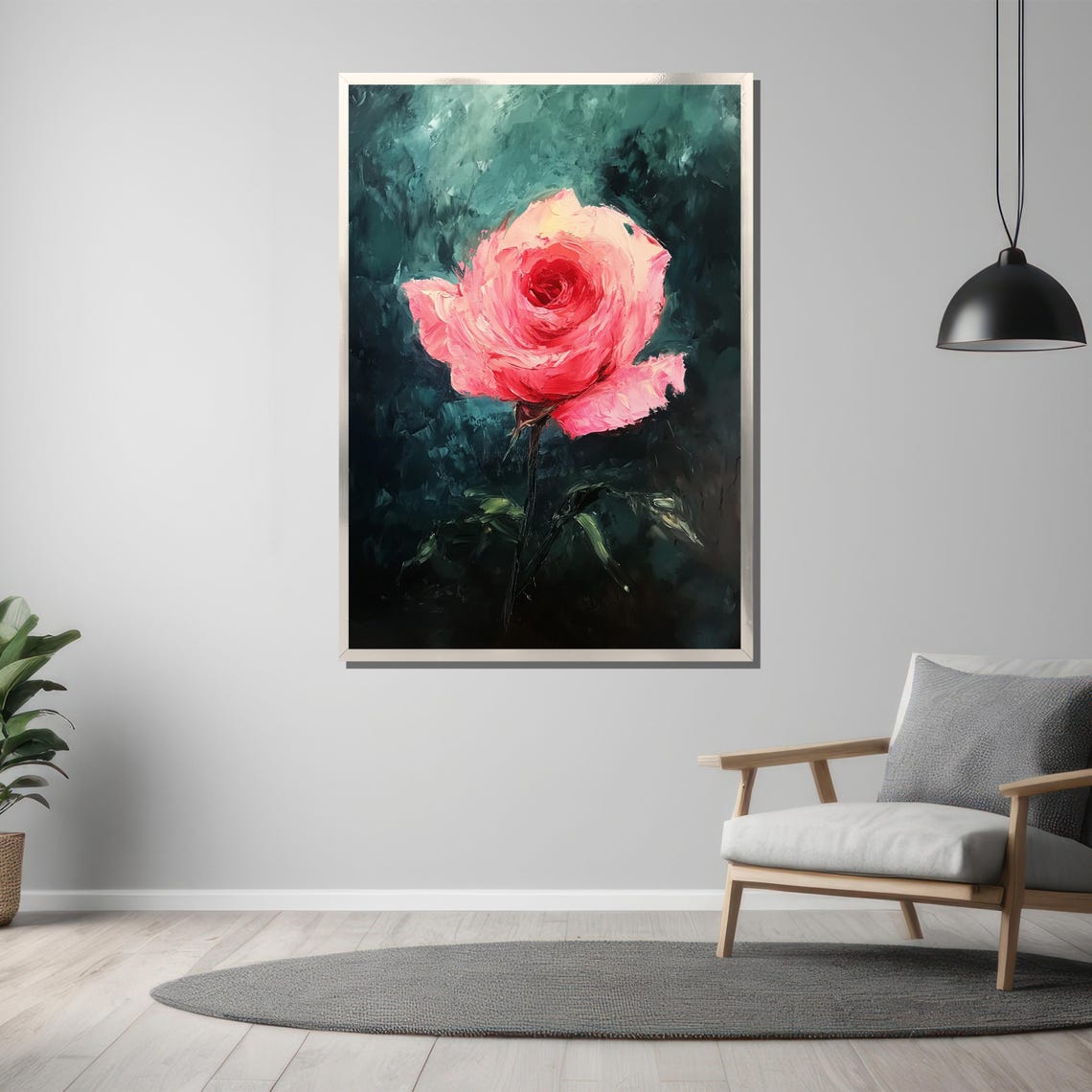 Romantic Pink Rose Impressionist Style Dark Green Floral Poster - Image 3